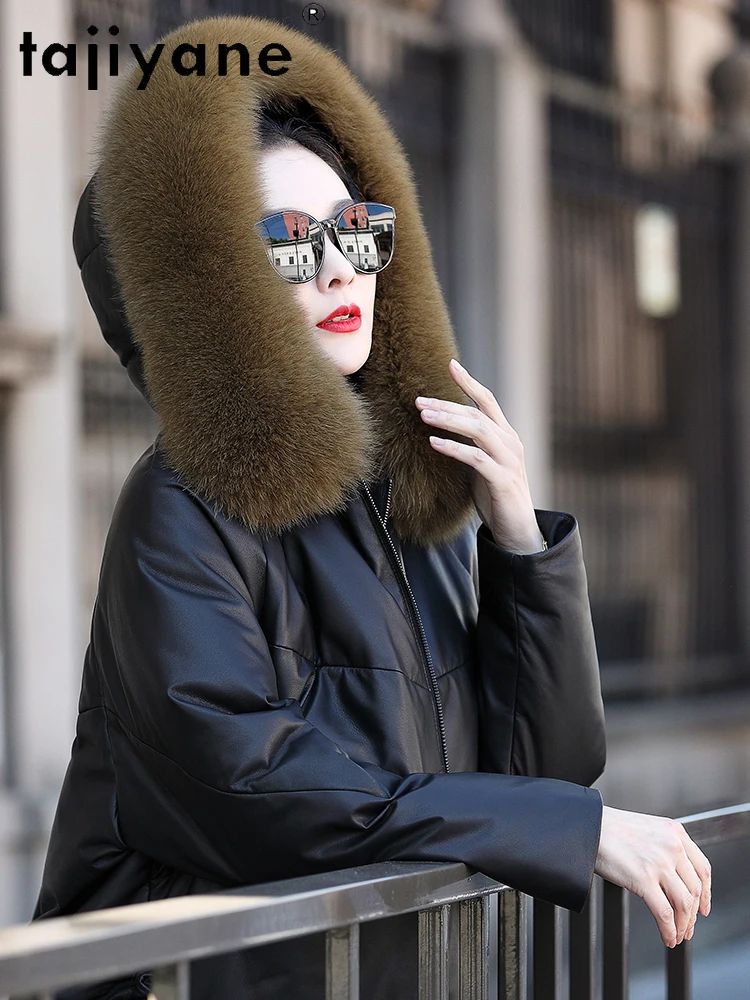 TAJIYANE جلد الغنم الحقيقي بطة أسفل معطف امرأة الثعلب الفراء طوق سترة منفوخة قسط حقيقية سترات من الجلد ملابس حريمي 2025 longcode #4
