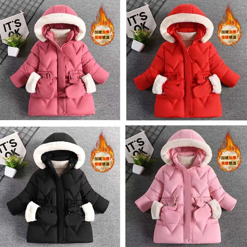 

-30 ° C зимняя длинная куртка для девочек, перчатки, детское толстое бархатное теплое пальто с меховым воротником, верхняя одежда с капюшоном, парка с хлопковой подкладкой, зимний комбинезон
