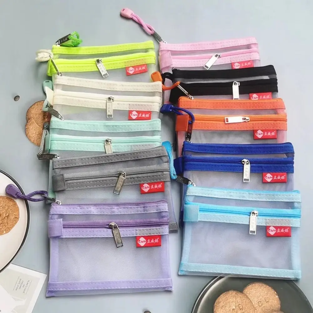 New Portable Small Coin Bags Double Layer Mesh Bus ID Credit Card Storage Bag with Zipper Nylon Money Wallet Purse