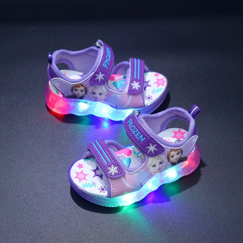 Disney Boys Girls Cartoon Frozen Princess Elsa Led Light Up Luminous Sports Summer Kids Sandals Non-slip Toddler Shoes Size 21-3