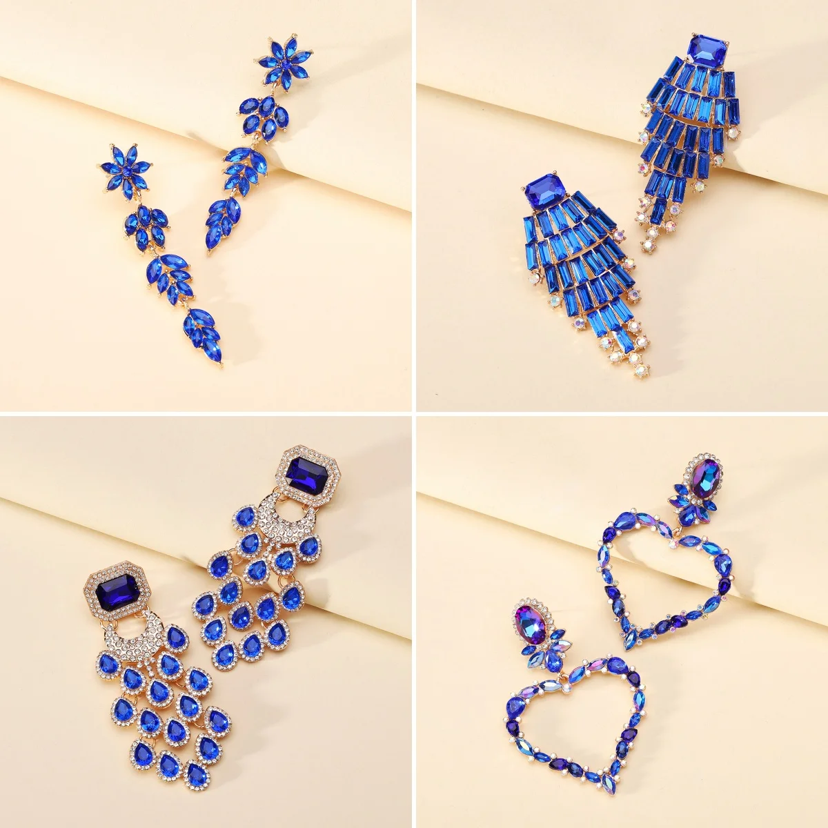 Exaggerated Sparkling Klein Blue Rhinestone Floral Earrings for Women Elegant Luxury Jewelry New Fashion Party Prom Accessories