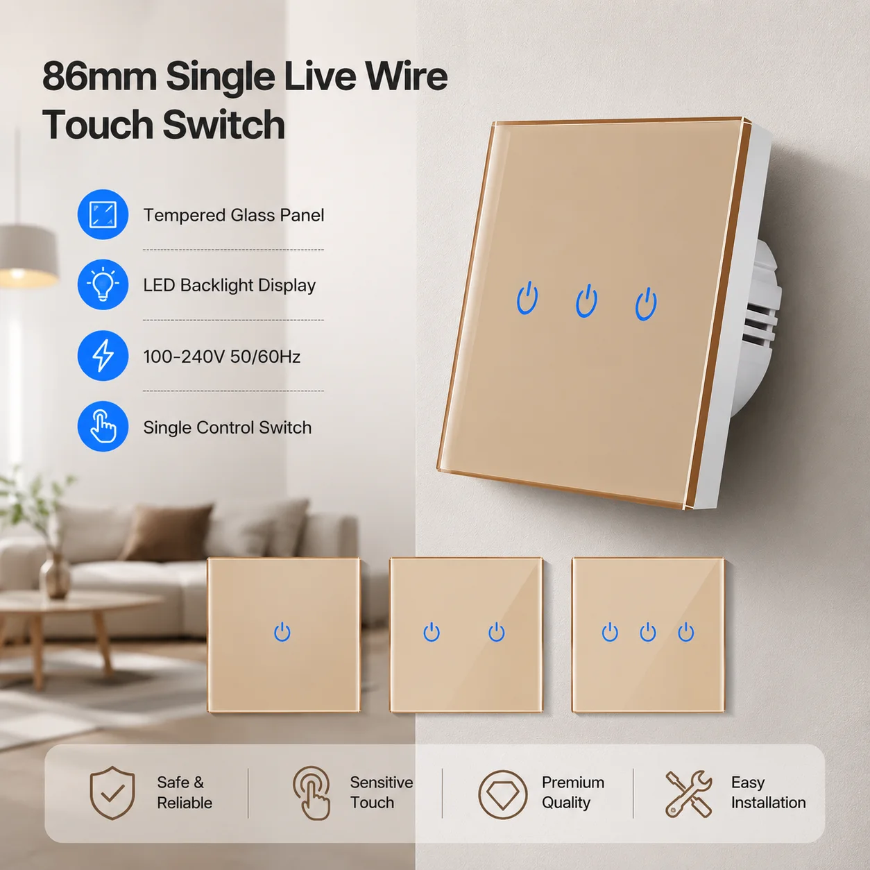 86mm EU Standard Glass Touch Control Wall Switch Tempered Single-pole Switch Panel 1/2/3 Gang Single-wire Lighting Accessories