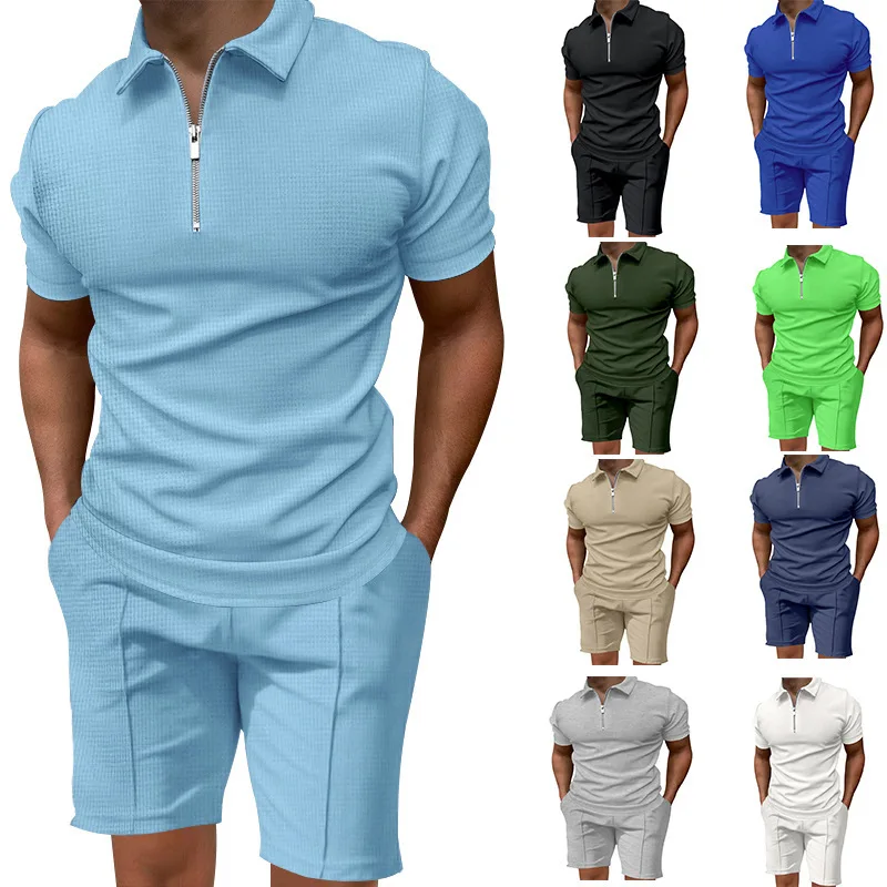 

2025 Men's Summer Suits Solid Color Waffle Lapel Slim-fit Short Sleevett-shirt Casual Fashion Men's Clothing