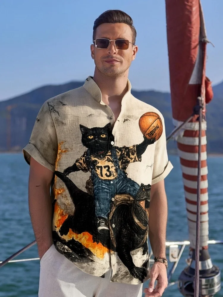 Men's Cat Holding Basketball And Riding Dinosaur Art Print Casual Shirt Harajuku Streetwear Short Sleeve Lapel Collar Tunics Man