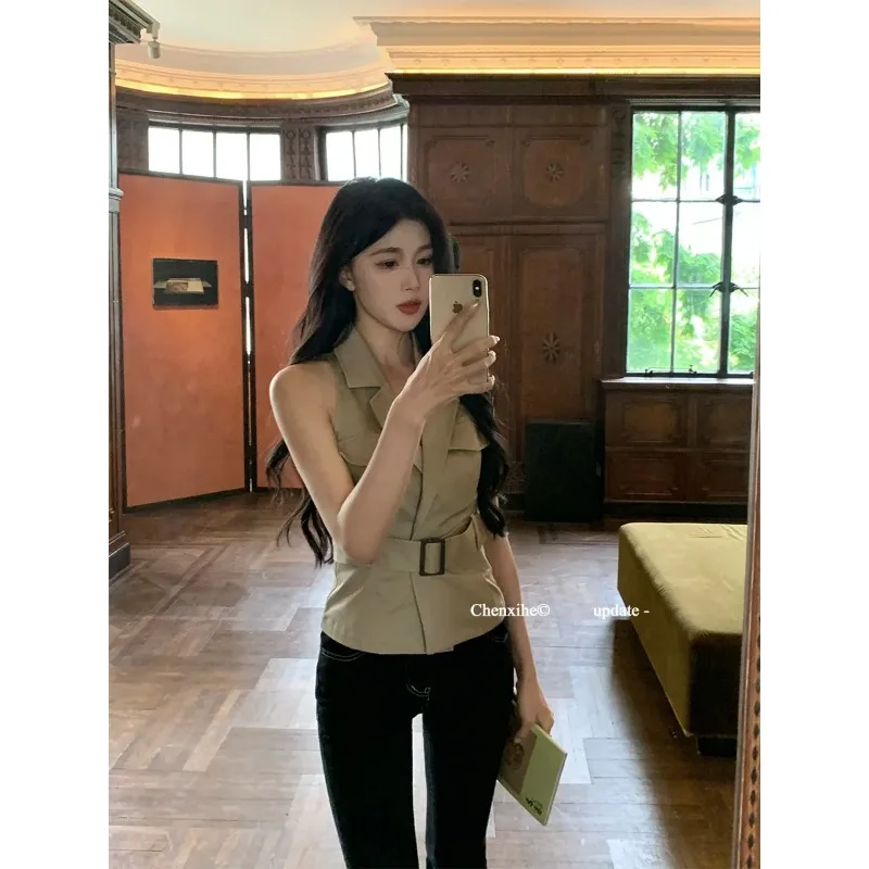 

Women's Khaki Sleeveless Lapel Vest Top with Belt Casual Slim Fit Waistcoat