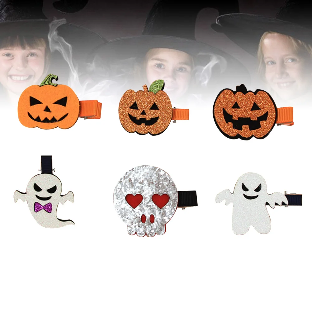 6 قطع مشبك شعر الهالوين للأطفال على شكل جمجمة يقطين شبح رعب مشابك شعر لحفلات الهالوين دبوس شعر للفتيات