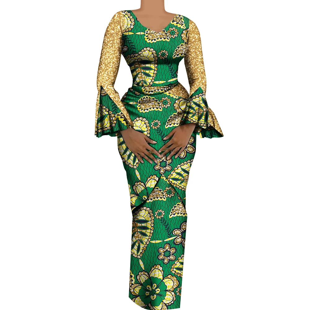 Women African Outfits 2 Pieces Set Shiny Flare Sleeves V Neck Tops and Long Pencil Skirts African Clothes for Women WY9972