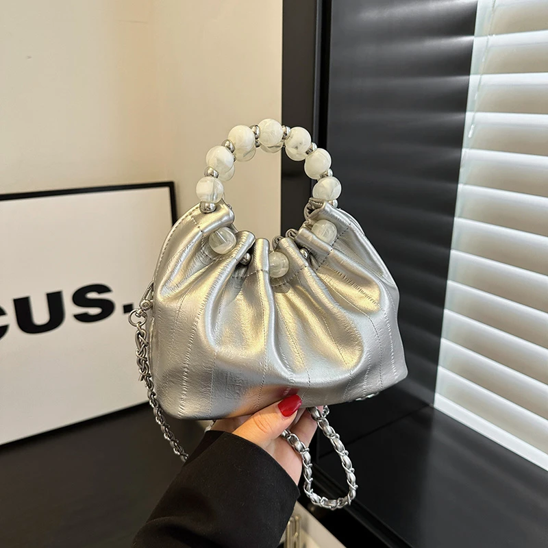 

Solid Color Pu String Shoulder Bag CHAINS Versatile 2025 High Quality Bags for Women Exquisite Beading Fashion Crossbody Bag