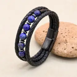 Multilayer Natural Stone Lapis Lazuli Leather Magnetic Bracelet & Bangle Fashion Health Yoga Men's Jewelry
