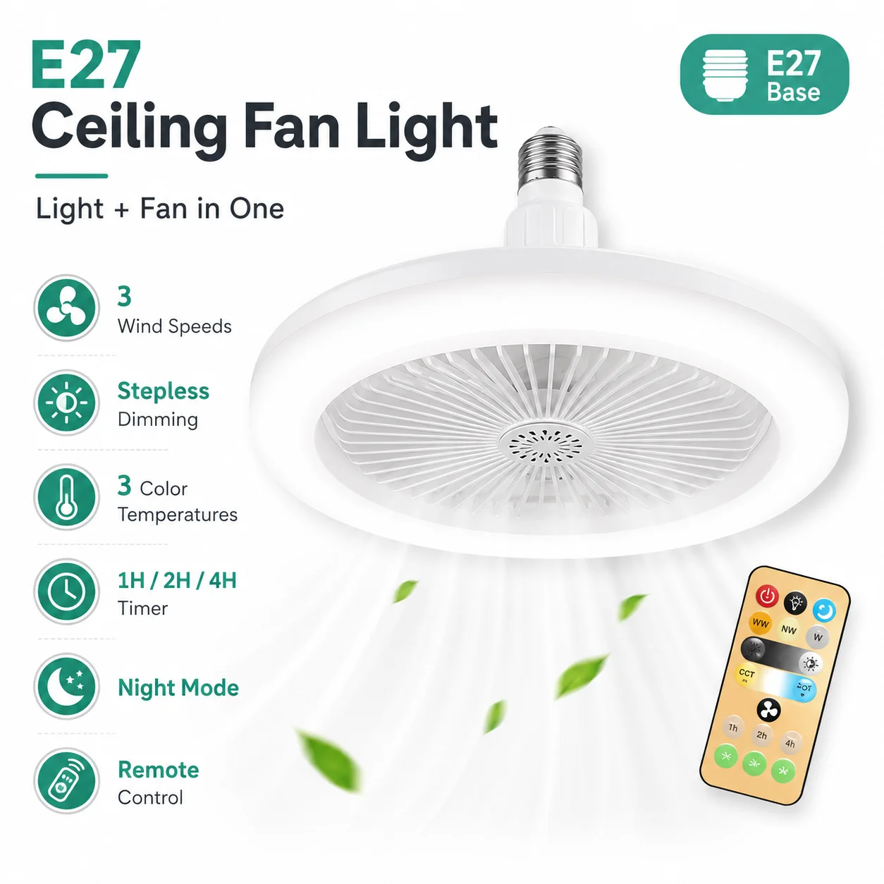 E27 Ceiling Fan Light with Remote, Rotatable 3-in-1 LED Lamp, Dimmable Bedroom Living Room Lighting with Aromatherapy