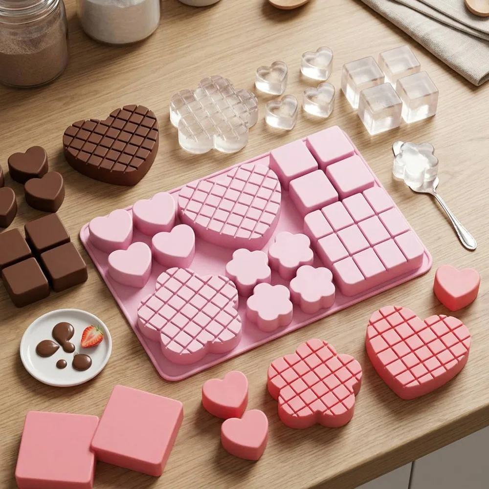 Creative Heart Flower Waffle Silicone Mold 14-Cavity Mixed Shape Cake Decorating Tools Chocolate Candy Jelly Baking Accessories