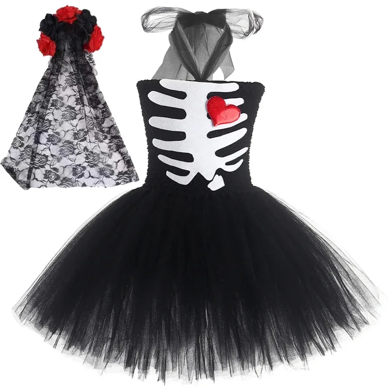 

Костюм невесты со скелетом на Хэллоуин для девочек, страшный череп, платья для косплея для детей, карнавальная вечеринка, жуткий наряд призрака, нарядная одежда