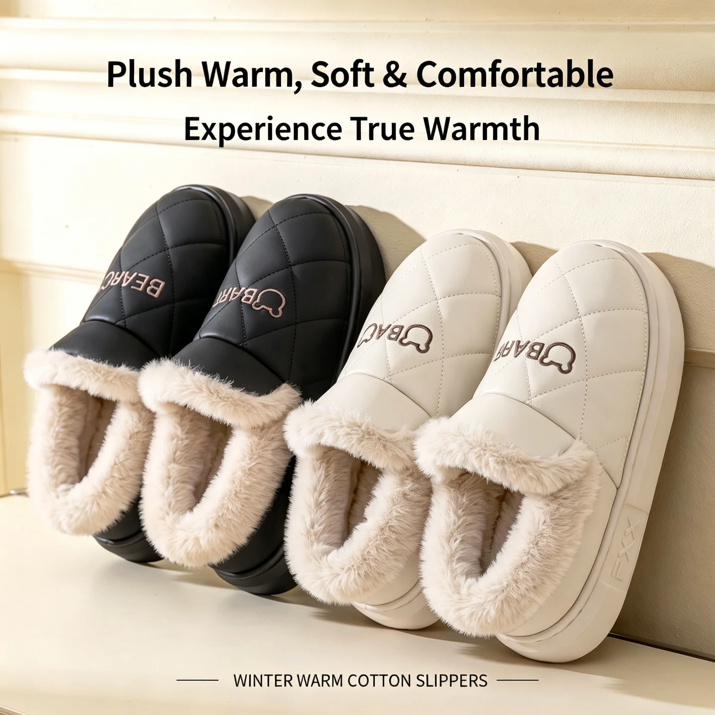 Winter Wasserdichte Hausschuhe für Damen und Herren, Warme Plüsch-Hausschuhe mit Dicker Sohle, Bären-Stickerei, Rutschfeste Indoor-Baumwoll-Fell-Schuhe – Detail 14