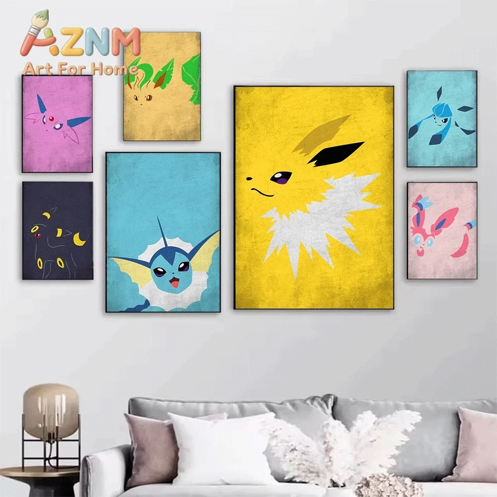 AZNM Pokemon Eevee Evolution Vintage Texture Canvas Wall Art Unframed Cartoon Monster Print Kids Bedroom Living Room Decor Pos
