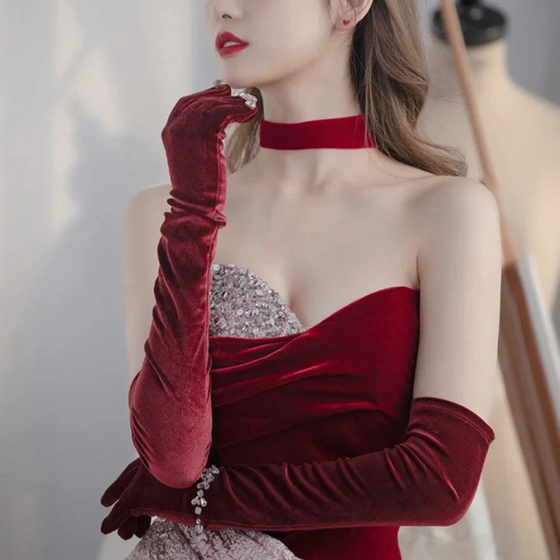 1Pair Christmas Party Noble Banquet Style Women Velvet Long Dinner Dress Gloves Warm Driving Gloves