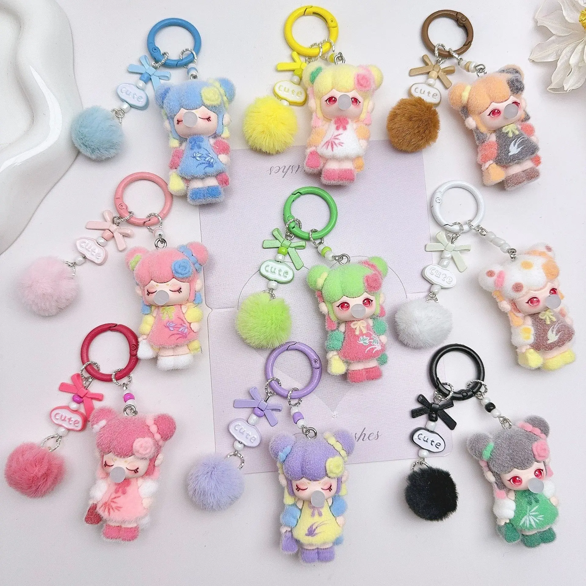 Cute Plush Doll Keychain Student Bookbag Hanging Ornament Bubble Blowing Cartoon Character Flocking Material Personalized Style