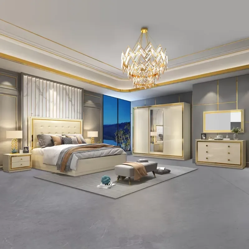 Italian White Modern Queen Bedroom Set Luxury Royal Mirror King Size Home Furniture Elegant Glossy Finish Nightstand Dresser