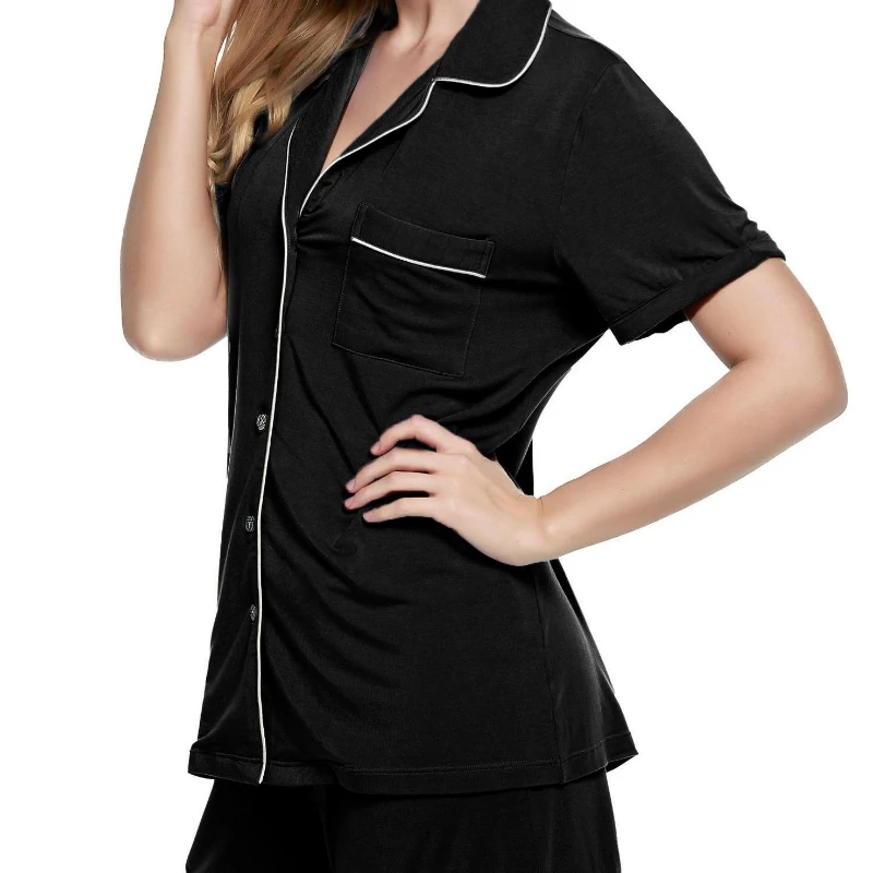 Krismile Soft Women's Pajama Sets Summer 2025 New Simple Spliced Short Sleeve Button Top Basic Drawstring Shots Loungewear Sets