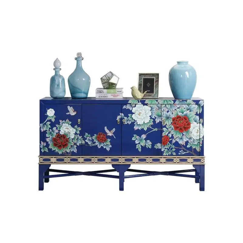 New Chinese-style entrance cabinet painted peony flower and bird living room cabinet modern minimalist high-grade solid wood