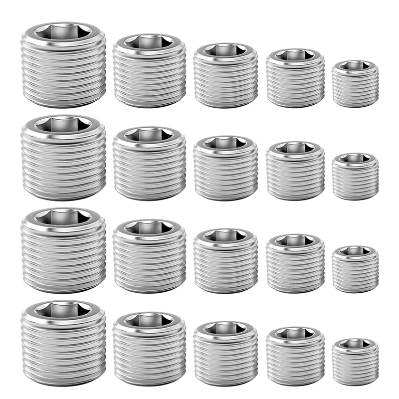 WFF Pipe Plug Fitting,1/8 1/4 3/8 1/2 3/4In Male Internal Hex Thread Socket Pipe Plug Fitting Assortment Kit