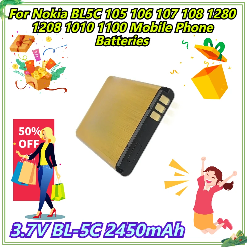 

3.7V BL-5C 2450mAh For Nokia BL5C 105 106 107 108 1280 1208 1010 1100 Mobile Phone Batteries