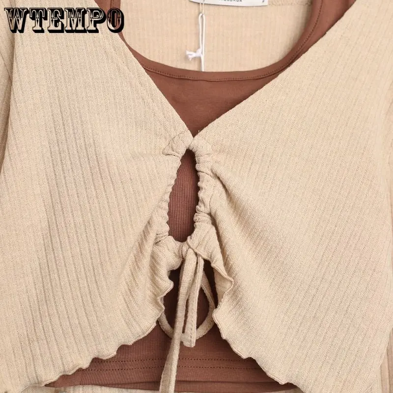 Pure Desire Short T-shirt Female Two-piece Set Hottie Halter Vest Drawcord Long-sleeved Top Hotsweet Basic Casual Spring Summer