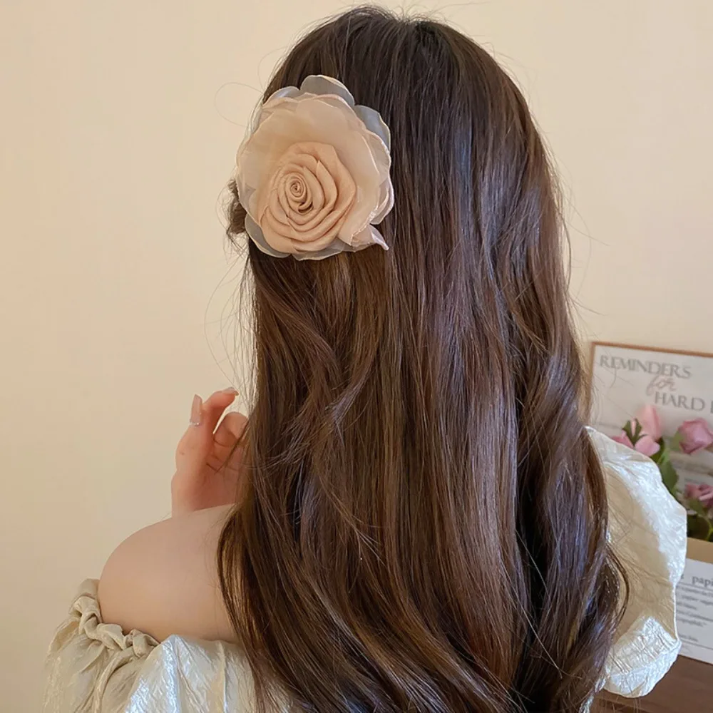 

Rose Flower Hair Clip Elegant Cloth Mesh Hair Accessories Korean Hair Clip Ponytail Holder Headdress Flower Hairpins Vacation