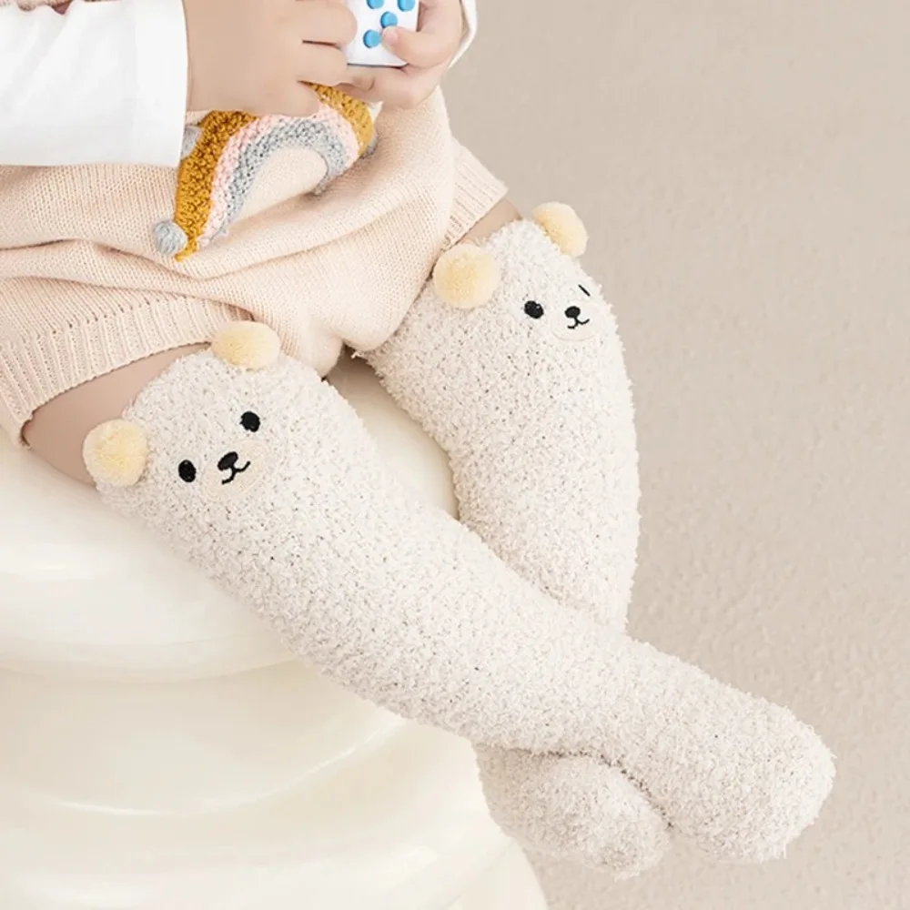 Cartoon Bear Design Baby Socks Thickened Warm Infants Stocking Coral Velvet Knee Protection Socks for 0-5year Kids