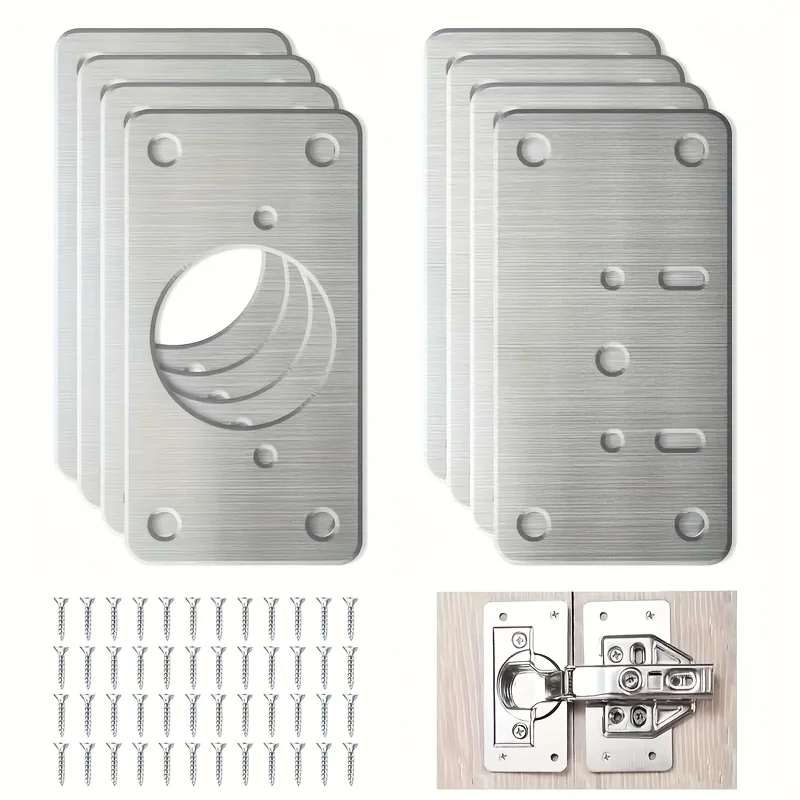 8pcs Cabinet Hinge Repair Plate Kit for Home Kitchen Cabinets and Furniture, Stainless Steel Door Hinge Mounting Plate with Hole