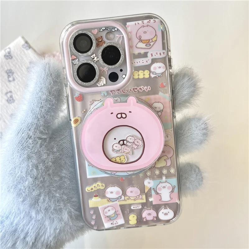 

Funny Cute Cartoon Bear Rabbit Magnetic Stand Phone Case For iPhone 16 Pro 13 14 15 Pro Max Cover For Magsafe Cases