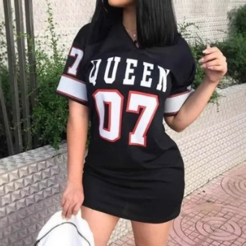 2025 New Fashion V-Neck Queen Letters Print Dress Short Sleeve Basketball Sporty Style Sexy Loose Female Clothing Streetwear - Image 4