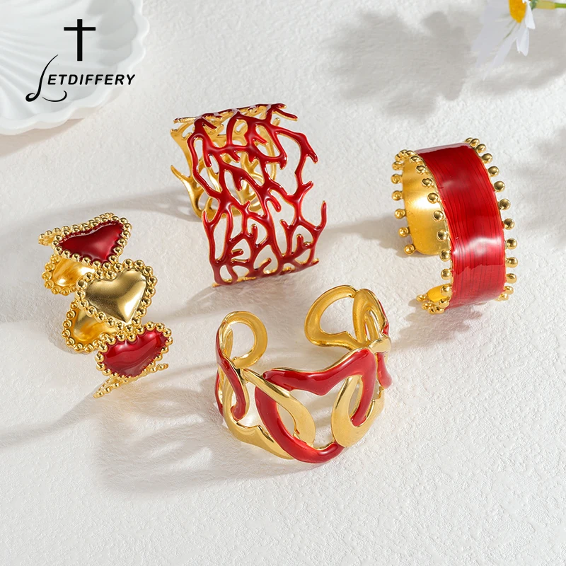 Letdiffery Fashion Exaggerated Heart Bangle for Women Oil Dripping Stainless Steel Retro Red Wide Cuff Open Bracelet Jewelry