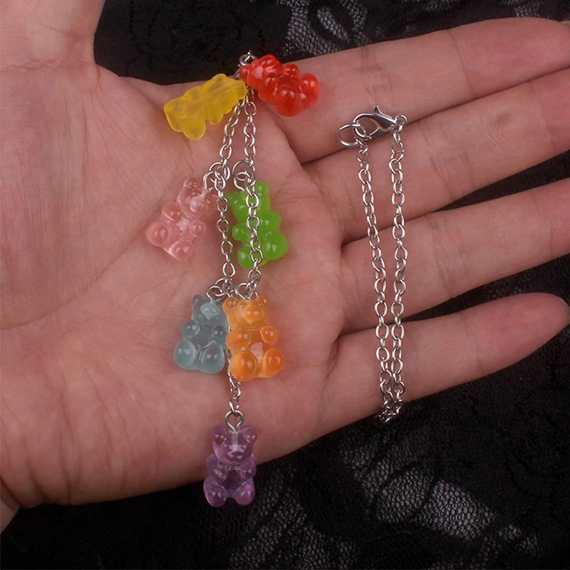 7 Colors Rainbow Pride Cute Jelly Bear Gummy Necklaces for Women Girls Cool Punk Hip Hop Resin Necklaces Accessories