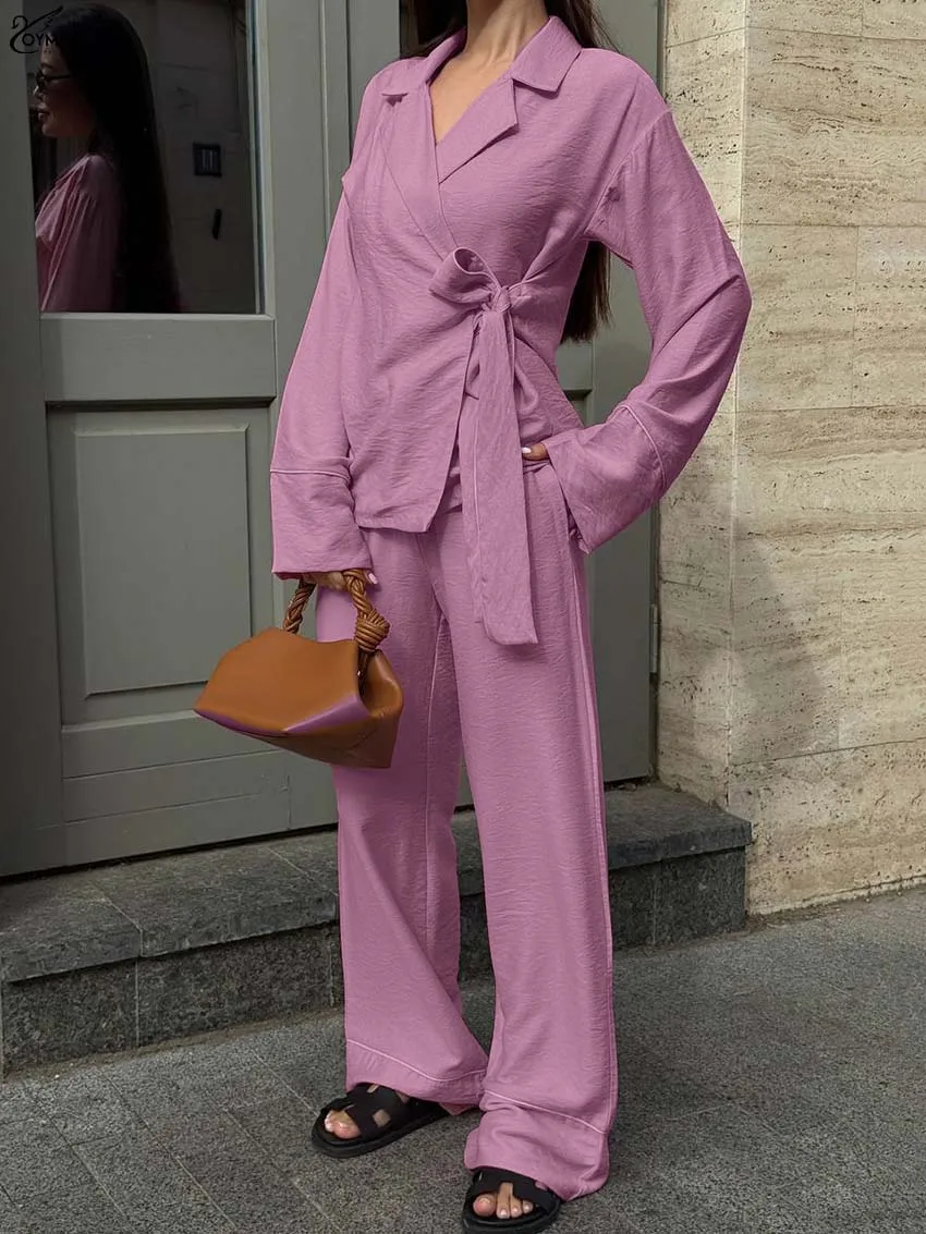 

Oymimi Casual Pink Loose Two Piece Set Woman Fashion Long Sleeve Lace-Up Shirts And High Waist Pockets Full Length Pants Sets