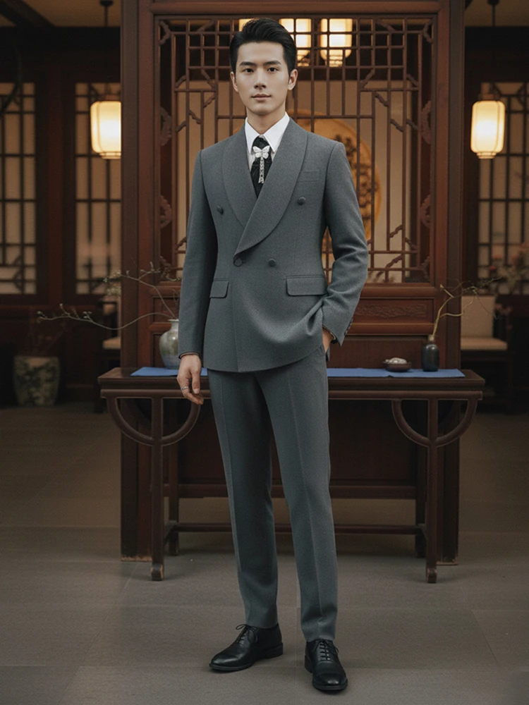 Men's Gray Shawl Lapel Suit Double Breasted 2025 Wedding Tuxedo for Groom Formal & Business Luxury Grey Casual Blazer Set 60A