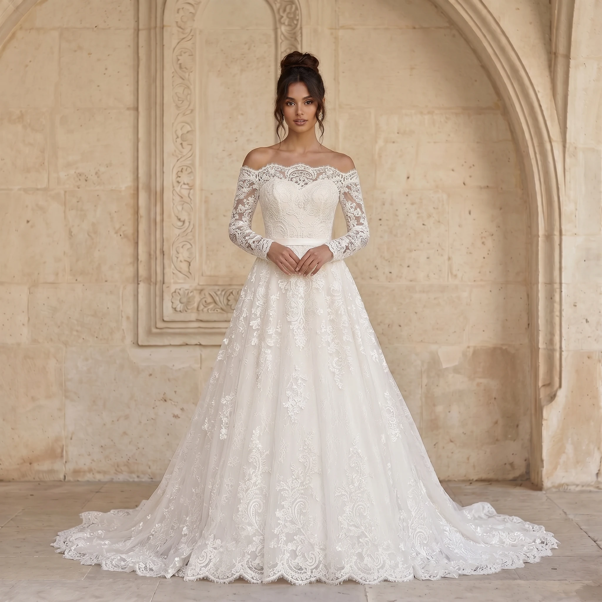 Off Shoulder Long Lace Sleeve A Line Wedding Dress Floral Lace Pearl Button Back Scalloped Lace Chapel Train Bridal Gown