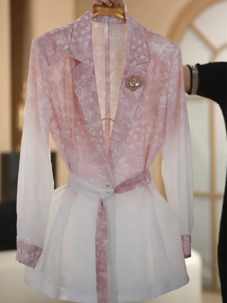 2025 Estate Nuovo Set completo professionale Donna Cappotto dimagrante rosa sfumato di alta qualità + Pantaloni casual a gamba larga Set da pendolare