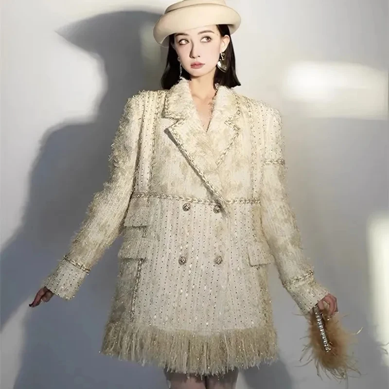 Spring High Elegant Pearls Tassels Buttons Crop Jacket Women Korean Fashion Tweed Coat Womans Pockets Chic Short Coats Female