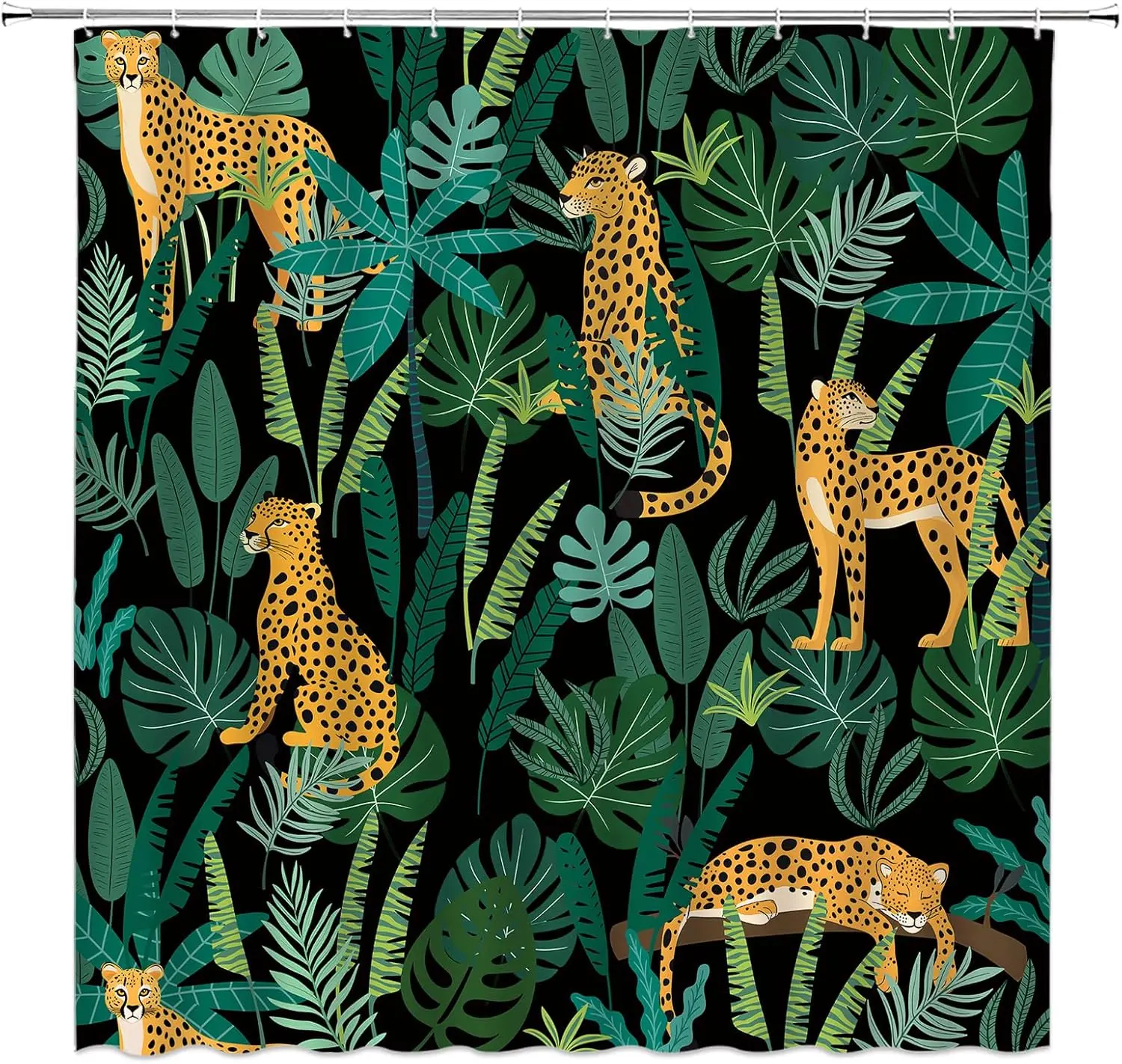 Leopard Shower Curtain Asian Wildlife Animal Leopard Cheetah Tiger Green Topical Palm Leaf Topical Watercolor Modern Bathroom