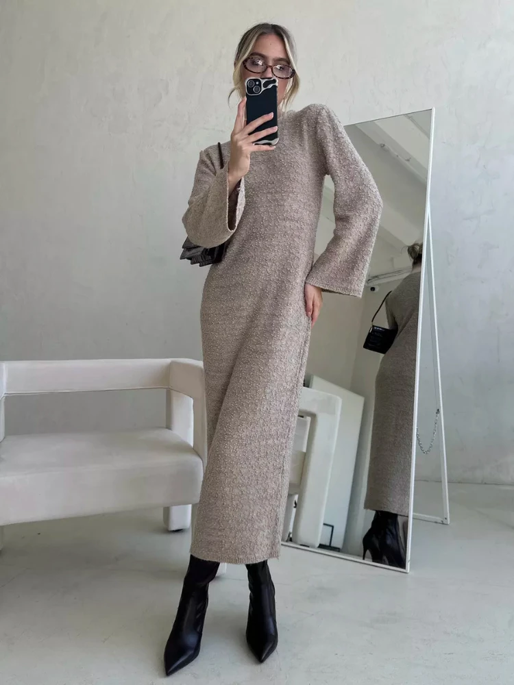 

New Women Mock Collar Dress Wool Pullover Skirt Autumn Winter Knitted Long Sweater Female Chic Fishtail Dress