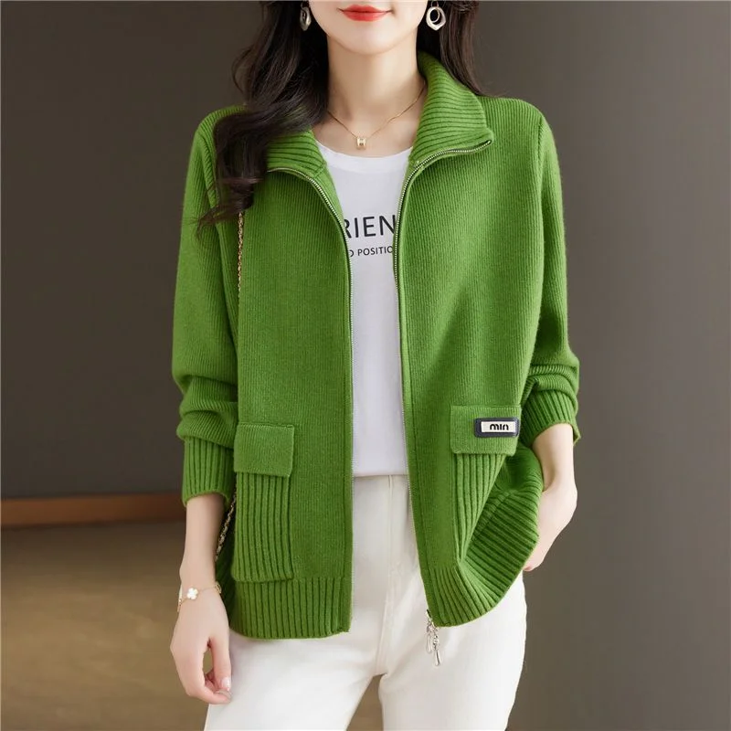

Stylish Simple Casual Zip-Up Cardigan Sweater New Autumn Winter Fashion Collar Loose Knit Coat