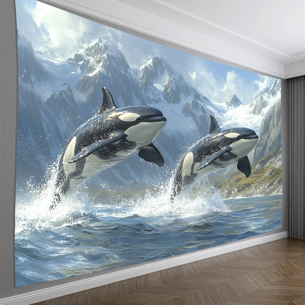 Glam Style Leaping Orca Landscape Tapestry, HD Digital Print Marine Life Wall Decor for Living Room and Office Backdrop