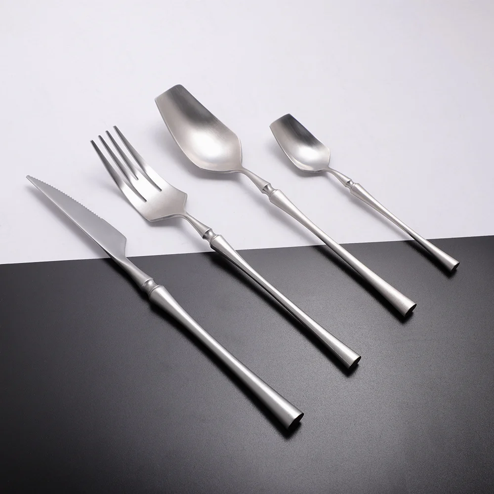 

Matte Silver Western Tableware Stainless Steel Cutlery Set Flatware Kitchen Knife Fork Spoon Set Utensils Travel Dinnerware Set