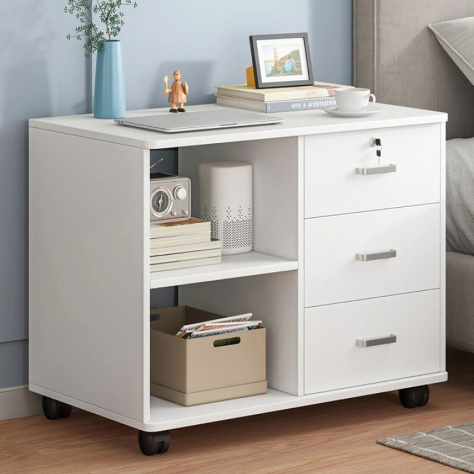 Armário De Arquivo De Madeira Com Prateleiras De Armazenamento Abertas, Armário Lateral Móvel, Suporte De Impressora, Home Office, Rústico Branco, 3-Drawer