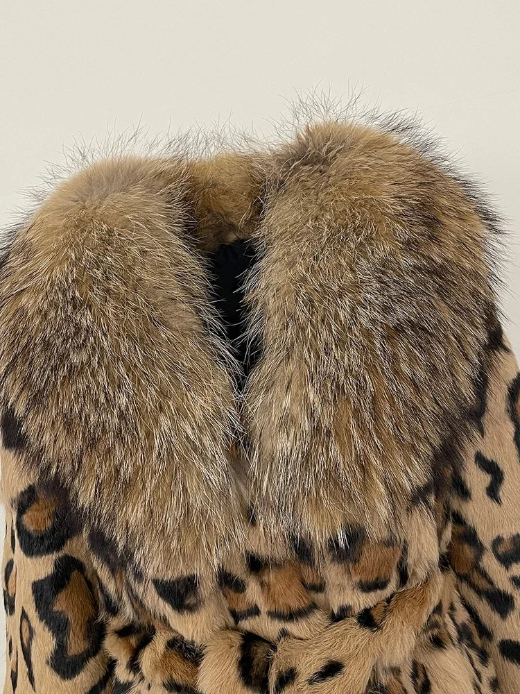 Women Fashion Autumn Winter Leopard Print Clothing Long Fox Collar Fur Jacket One-piece Thick Warm Real Rabbit Fur Jacket