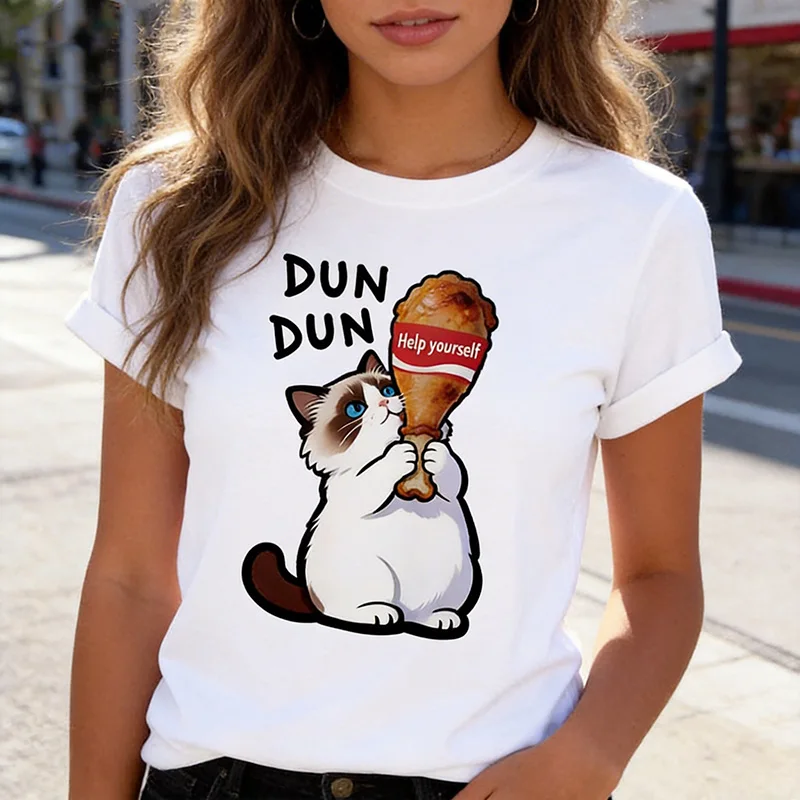 T-Shirt mit Katzenmotiv im Chinoiserie-Stil, Lustiges Sommer-Retro-Trend-Cartoon-Kätzchen-Oberteil, Damen-Design für Liebhaber, Lässiges Kurzarm-Shirt