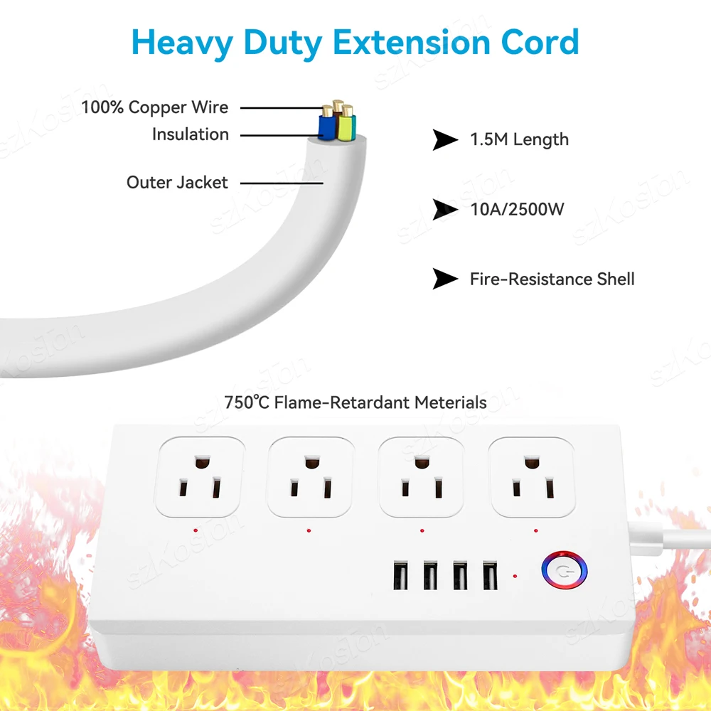 Tira de Alimentación inteligente Tuya WiFi, enchufe inteligente de EE. UU., Protector contra sobretensiones, salida de sincronización con 3 puertos USB, tipo C, funciona con Alexa y Google Home, 16A