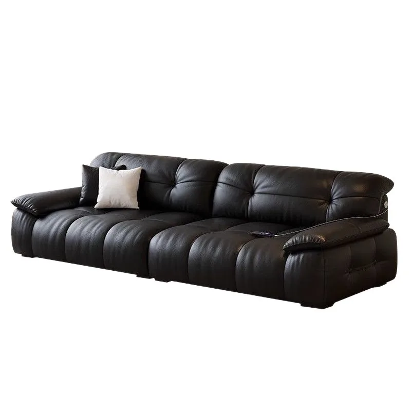 French retro cloud leather sofa living room home straight row large sitting deep with charging, ear leather art sofa
