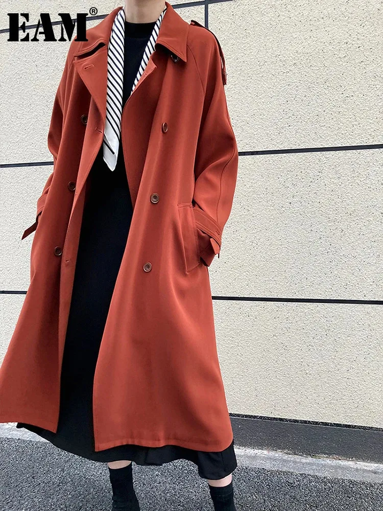 

[EAM] Women Red Brief Belted Big Size Long Trench New Lapel Long Sleeve Windbreaker Fashion Tide Spring Autumn 2024 1DH6661