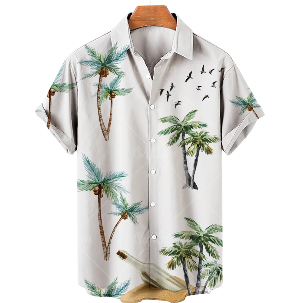 Coconut Tree Printed Hawaiian Shirt Simple Summer Style Beach Shirts Men\'s Seaside Quick Drying Short Sleeve Top Casual Men Wear